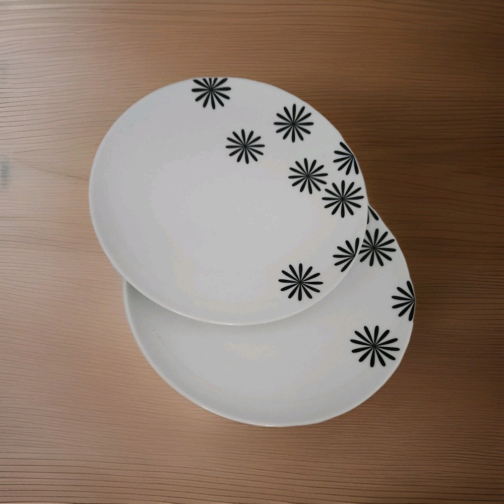 Crate & Barrel Black & White Starburst Flower Dinner Plate Set of 2